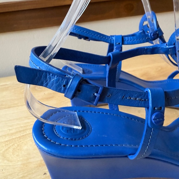 TORY BURCH MILLER WEDGE SANDALS DOUBLE T LOGO T STRAP LEATHER SLINGBACK BLUE 10 - Picture 8 of 12